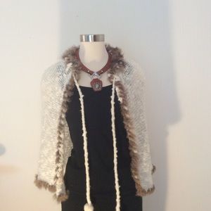 Hand Knit Cape with Authentic Rabbit Fur Trim